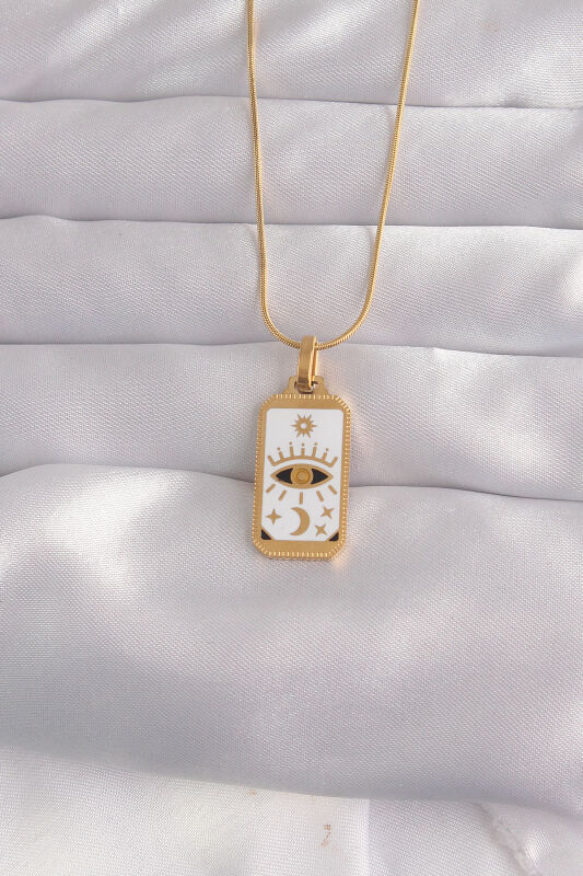 316L Çelik Gold Renk Beyaz Mineli Göz Figür Tarot Kolye - EBJ240912W27741 - 1