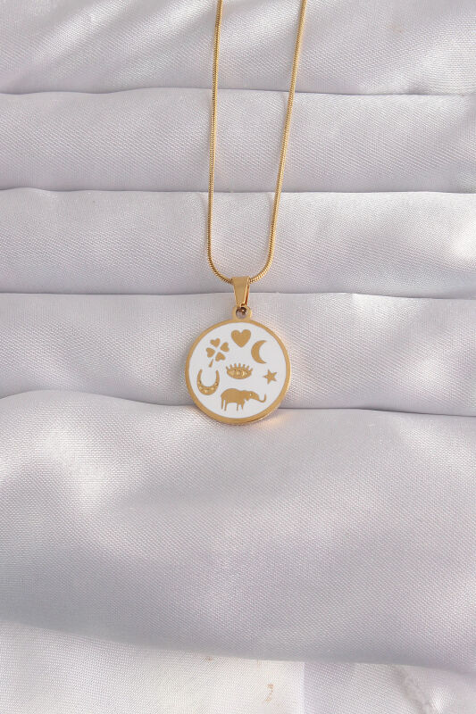 316L Çelik Gold Renk Beyaz Mineli Karışık Figürlü Tarot Kolye - EBJ240912W27745 - 1