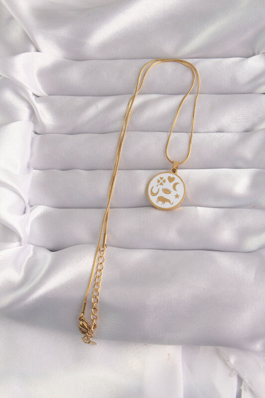 316L Çelik Gold Renk Beyaz Mineli Karışık Figürlü Tarot Kolye - EBJ240912W27745 - 2
