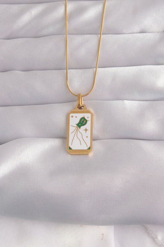316L Çelik Gold Renk Beyaz Mineli Tarot Kolye - EBJ240912W27743 - 1