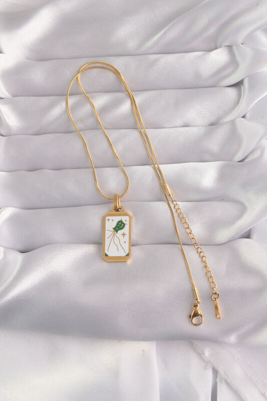 316L Çelik Gold Renk Beyaz Mineli Tarot Kolye - EBJ240912W27743 - 2