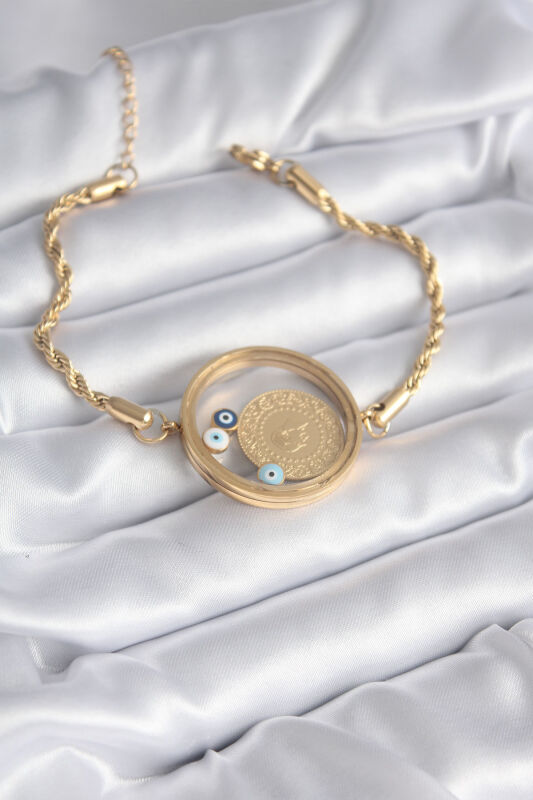 Açılabilir 316L Çelik Gold Renk Burgu Zincir Fanus Çeyrek Model Kadın Bileklik - 3