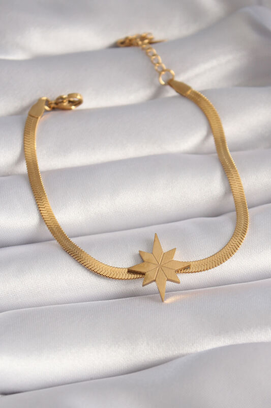 316L Çelik Gold Renk İtalyan Zincir Model Kutup Yıldızı Figür Kadın Bileklik - EBJ240419W23531 - 1