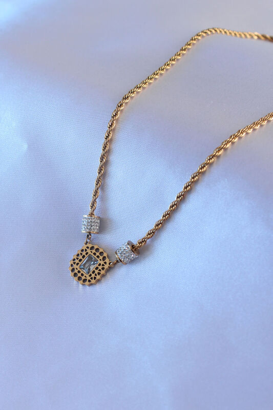 316L Çelik Gold Renk Lotus Model Zirkon Taşlı Burgu Zincir Kadın Kolye - 2