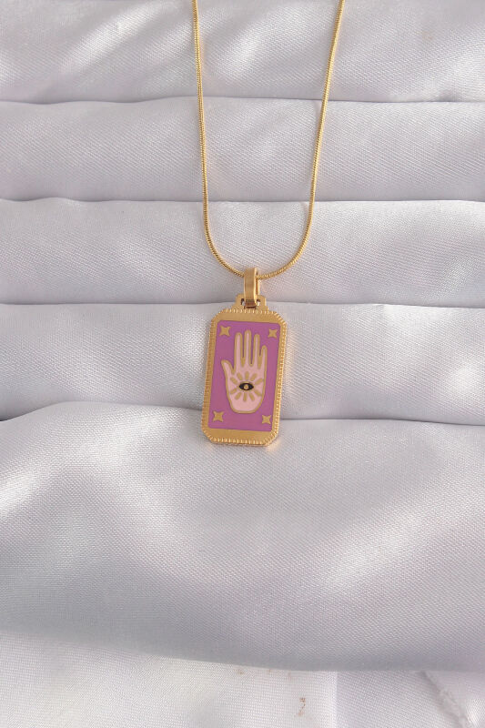 316L Çelik Gold Renk Mor Mineli El Figür Tarot Kolye - EBJ240912W27738 - 1
