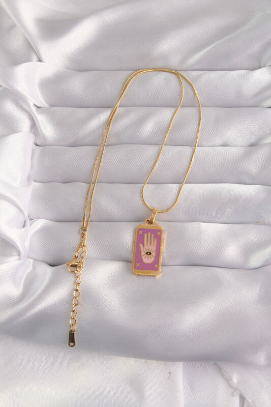 316L Çelik Gold Renk Mor Mineli El Figür Tarot Kolye - EBJ240912W27738 - 2