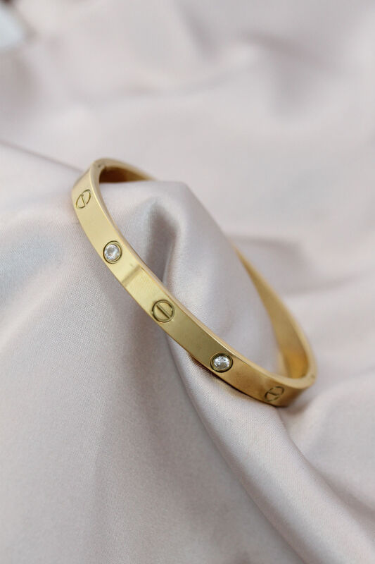 316L Çelik Gold Renk Zirkon Taşlı Bileklik - 1