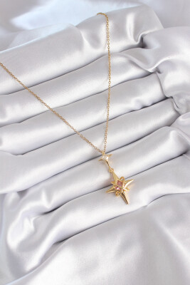 316L Çelik Gold Renk Zirkon Taşlı Kutup Yıldızı Model Kadın Kolye - EBJ240408W23478 - 2