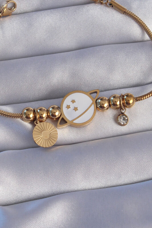 316L Çelik Gold Renk Zirkon Taşlı Mineli Satürn Tasarımlı Bileklik - EBJ240807W25654 - 2