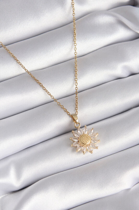 316L Çelik Gold Renk Zirkon Taşlı Papatya Model Kadın Kolye - EBJ240408W23468 - 1