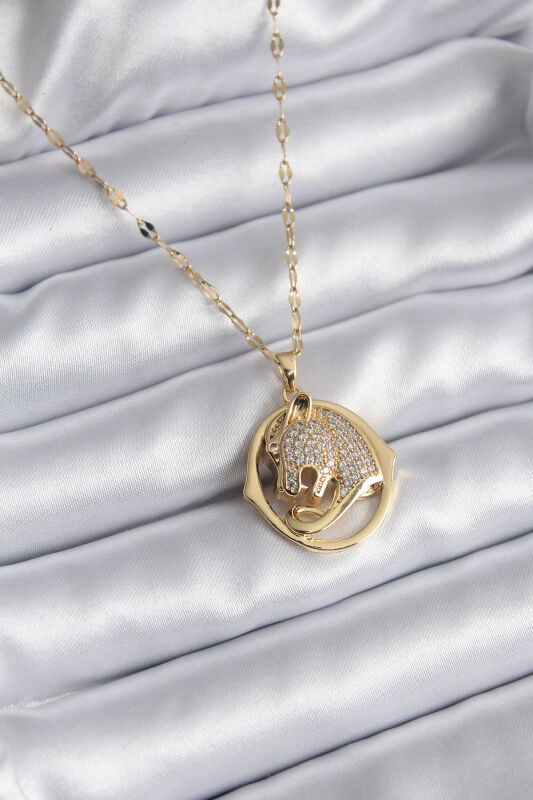 316L Çelik Gold Renk Zirkon Taşlı Jaguar Model Kadın Kolye - 1