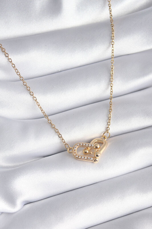 316L Çelik Gold Renk Zirkon Taşlı Model Kadın Kolye - 1