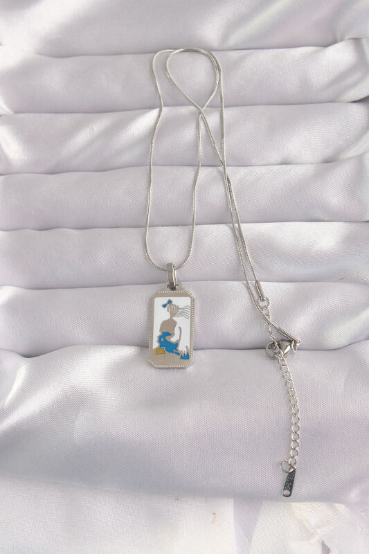 316L Çelik Gümüş Renk Beyaz Mineli Kız Figür Tarot Kolye - EBJ240912W27753 - 2
