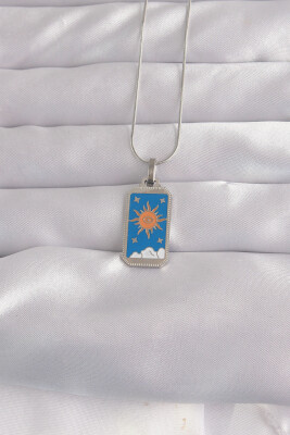 316L Çelik Gümüş Renk Mavi Mineli Güneş Model Tarot Kolye - EBJ240912W27746 - 1
