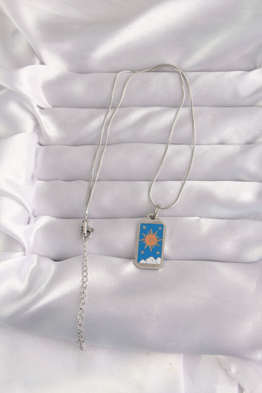 316L Çelik Gümüş Renk Mavi Mineli Güneş Model Tarot Kolye - EBJ240912W27746 - 2