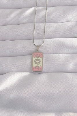 316L Çelik Gümüş Renk Pembe Mineli Ay Figür Tarot Kolye - EBJ240912W27749 - 1