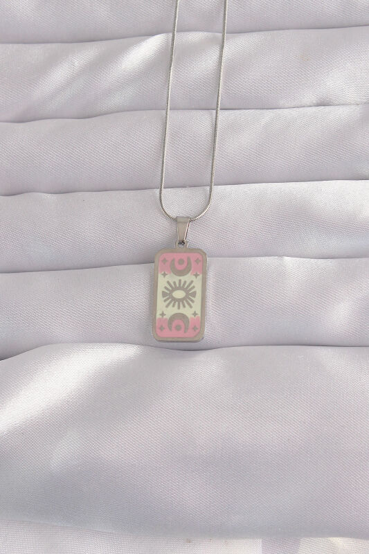 316L Çelik Gümüş Renk Pembe Mineli Ay Figür Tarot Kolye - EBJ240912W27749 - 1