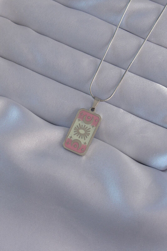 316L Çelik Gümüş Renk Pembe Mineli Ay Figür Tarot Kolye - EBJ240912W27749 - 2