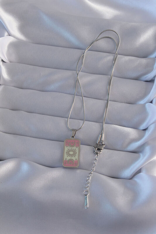 316L Çelik Gümüş Renk Pembe Mineli Ay Figür Tarot Kolye - EBJ240912W27749 - 3