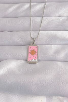 316L Çelik Gümüş Renk Pembe Mineli Güneş Model Tarot Kolye - EBJ240912W27747 - 1