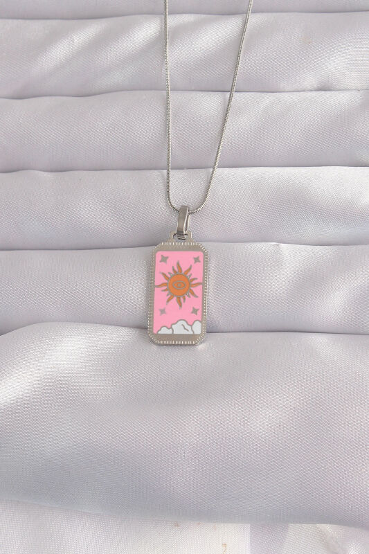 316L Çelik Gümüş Renk Pembe Mineli Güneş Model Tarot Kolye - EBJ240912W27747 - 1