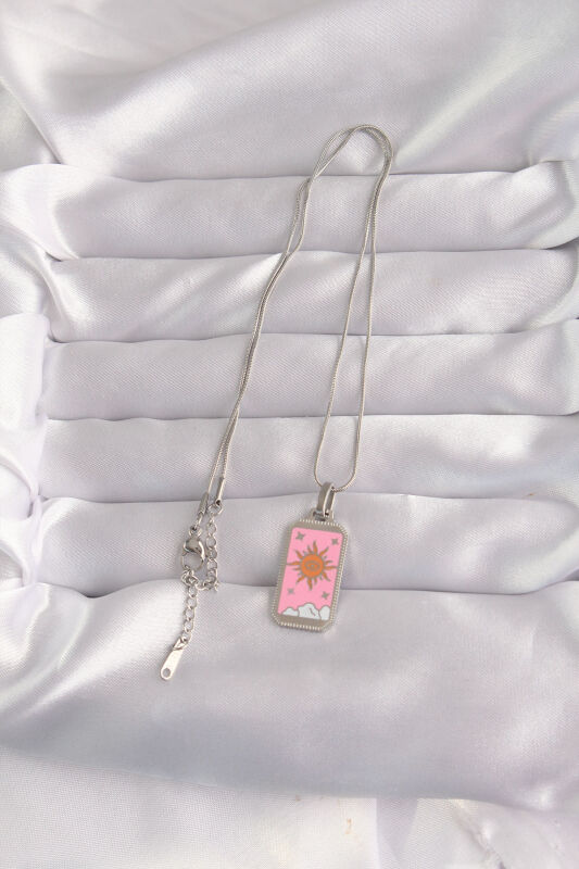 316L Çelik Gümüş Renk Pembe Mineli Güneş Model Tarot Kolye - EBJ240912W27747 - 2