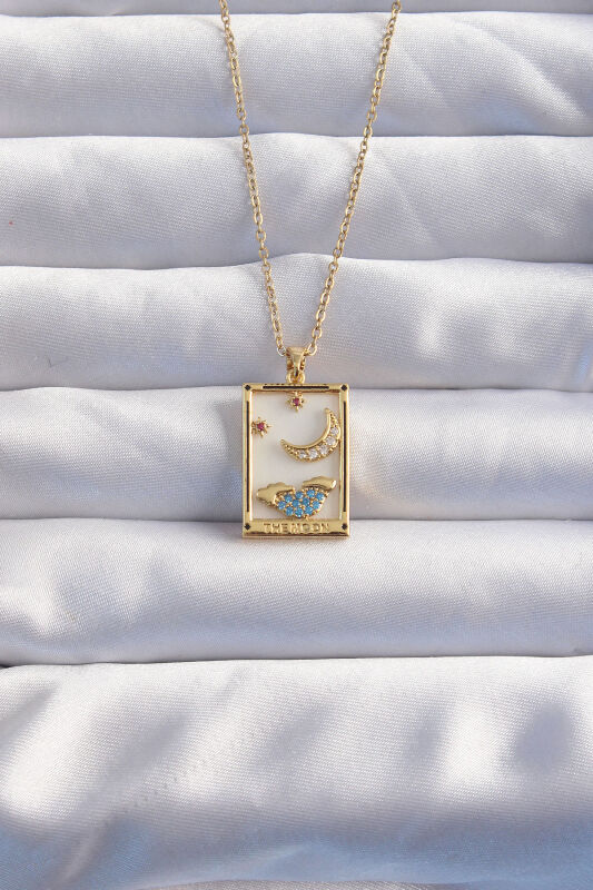 316L Çelik Zincir Gold Renk Ay Detay Mavi Zirkon Taşlı Tarot Kolye - EBJ240820W26763 - 1