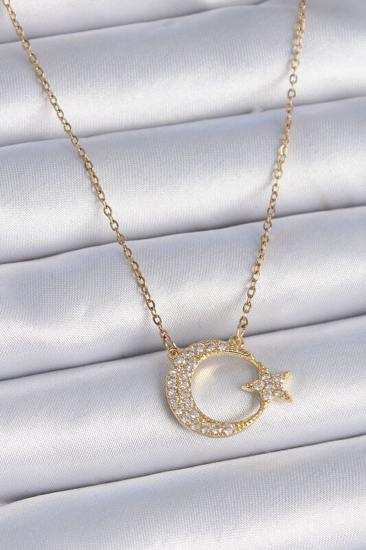 316L Çilek Zincir Gold Renk Zirkon Taşlı Ay Yıldız Model Kadın Kolye - EBJ241026W28747 - 1