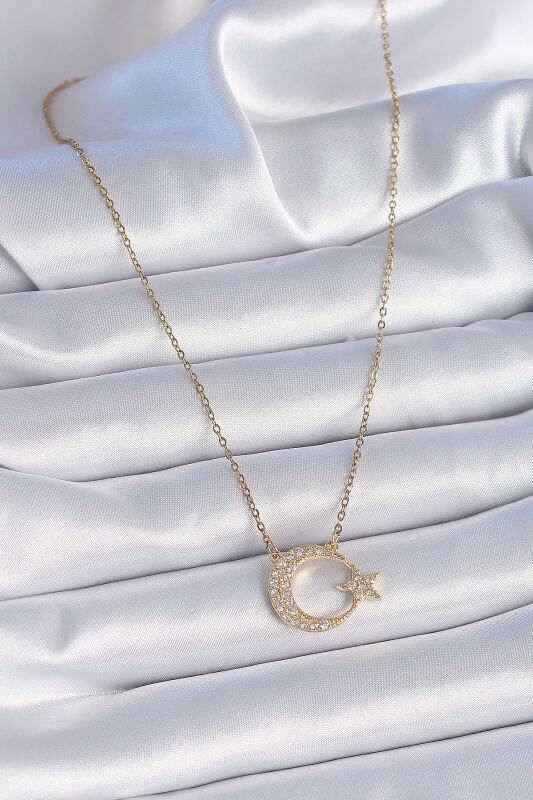 316L Çilek Zincir Gold Renk Zirkon Taşlı Ay Yıldız Model Kadın Kolye - EBJ241026W28747 - 2