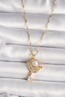 316L Gold Renk Zirkon Taşlı Ay Yıldız Model Sallantı Detay Kadın Kolye - EBJ250118W30733 - 1