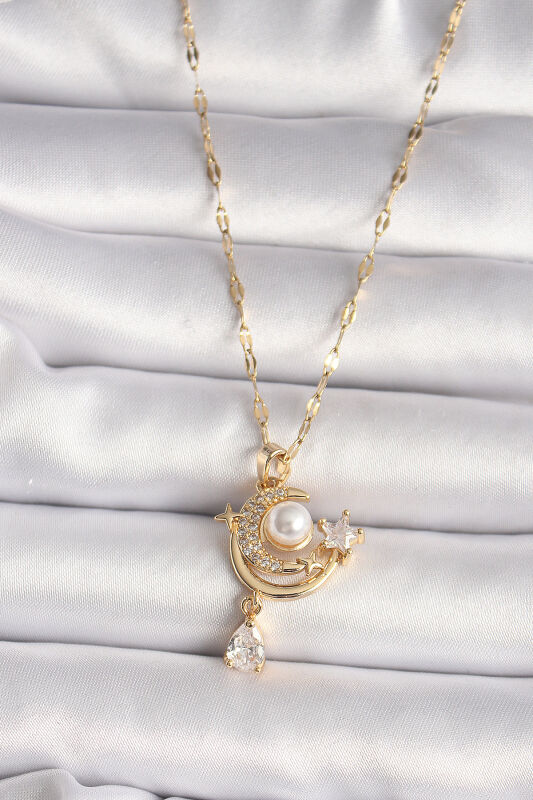316L Gold Renk Zirkon Taşlı Ay Yıldız Model Sallantı Detay Kadın Kolye - EBJ250118W30733 - 1