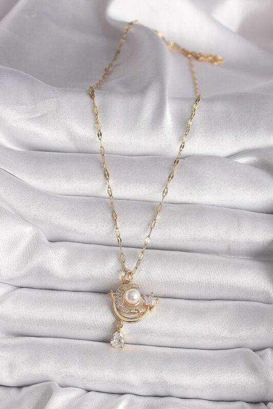 316L Gold Renk Zirkon Taşlı Ay Yıldız Model Sallantı Detay Kadın Kolye - EBJ250118W30733 - 2