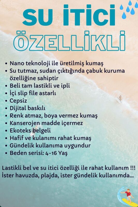4-16 Yaş Su İtici Özellikli Dijital Baskılı Çocuk Deniz Şort Mayo - 1025-Mavi - 5