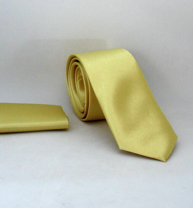 Açık Gold Slim Fit (ince) Düz Renk Mendilli Saten Kravat - SS-36 - 1