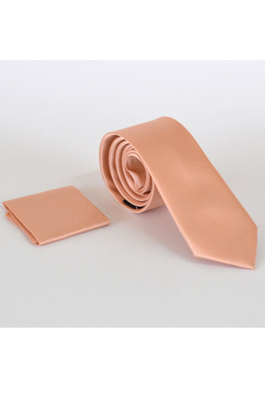 Açık Pudra Slim Fit (ince) Düz Renk Mendilli Saten Kravat - SS-16 - 1