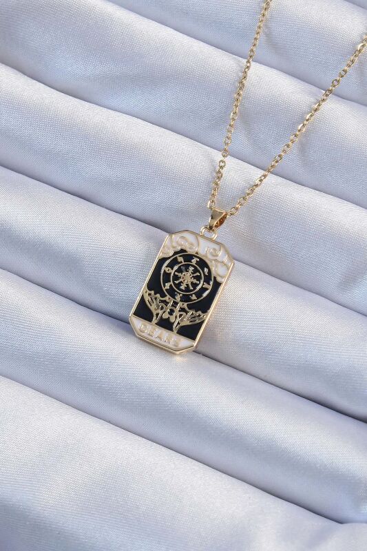 Altın Renk İşlemeli Siyah Mineli Tarot Kolye - EBJ240920W28220 - 1
