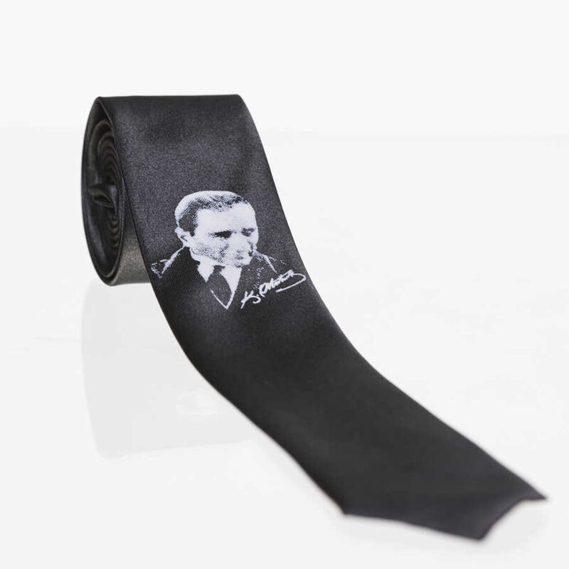 Atatürk ve İmza Baskılı Slim Fit Saten Siyah Kravat - AK-09 - 1