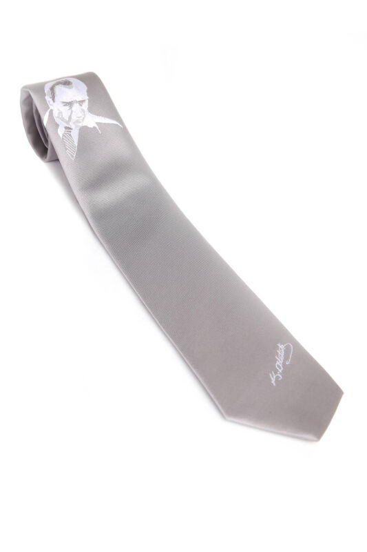 Atatürk ve İmza Desenli Dokuma Gri Kravat - AK-22 - 1