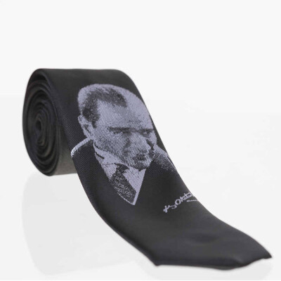 Atatürk ve İmza Desenli Dokuma Siyah Kravat - AK-24 - 1
