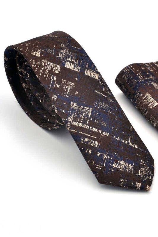 Bej Lacivert Motif Desenli Kahverengi Dokuma Kumaş Mendilli Slim Fit Kravat / SDK-220710 - 1