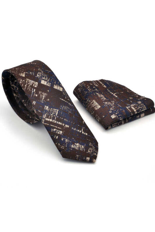 Bej Lacivert Motif Desenli Kahverengi Dokuma Kumaş Mendilli Slim Fit Kravat / SDK-220710 - 2