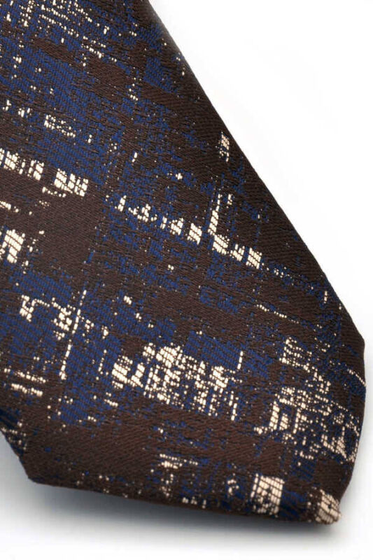 Bej Lacivert Motif Desenli Kahverengi Dokuma Kumaş Mendilli Slim Fit Kravat / SDK-220710 - 3