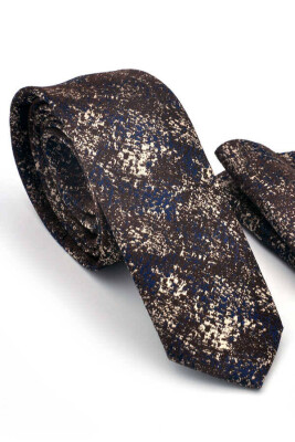 Bej Lacivert Motif Desenli Kahverengi Dokuma Kumaş Mendilli Slim Fit Kravat / SDK-220714 - 1