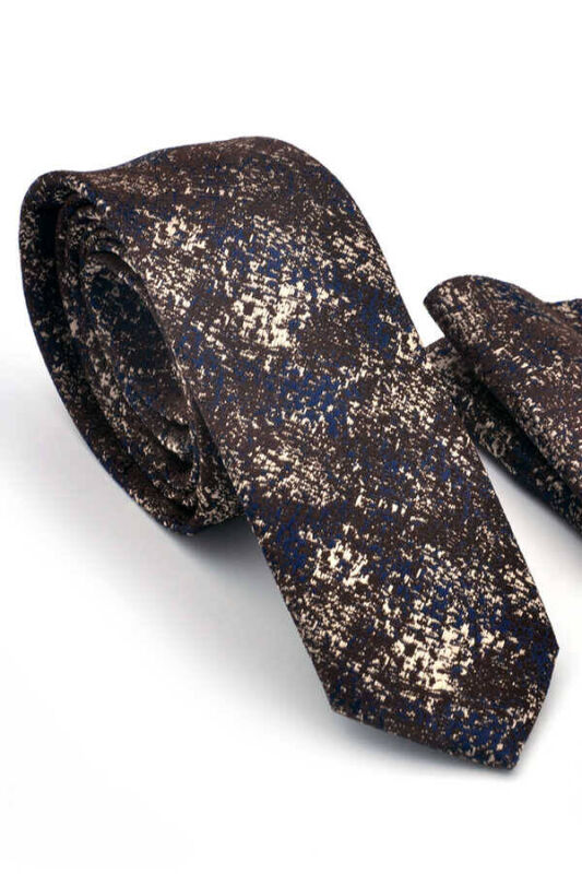 Bej Lacivert Motif Desenli Kahverengi Dokuma Kumaş Mendilli Slim Fit Kravat / SDK-220714 - 1