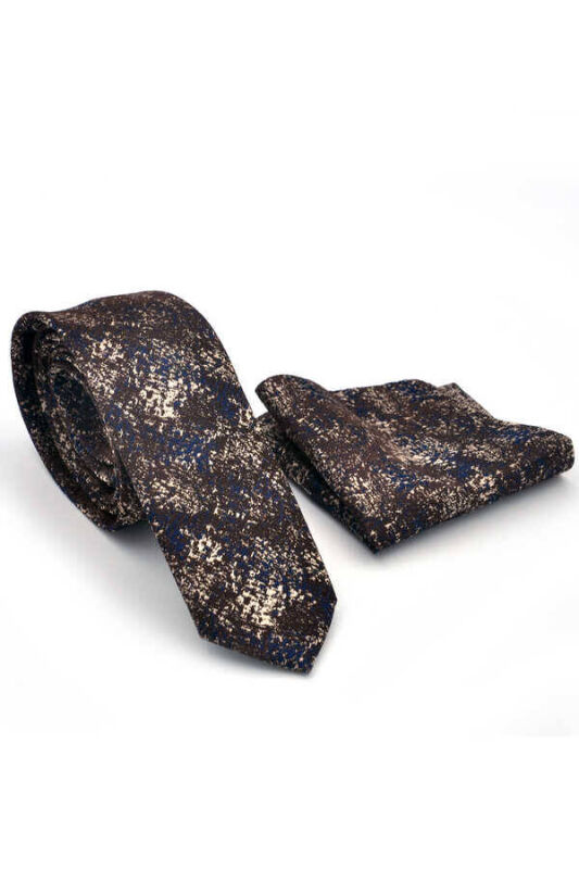 Bej Lacivert Motif Desenli Kahverengi Dokuma Kumaş Mendilli Slim Fit Kravat / SDK-220714 - 2