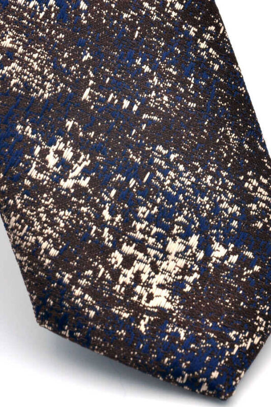 Bej Lacivert Motif Desenli Kahverengi Dokuma Kumaş Mendilli Slim Fit Kravat / SDK-220714 - 3