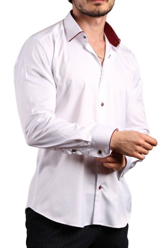 Beyaz Bordo Bieli Yaka Dar Kesim Micro Kumaş Kol Düğmeli Slim Fit Erkek Gömlek - 216-3 - 1