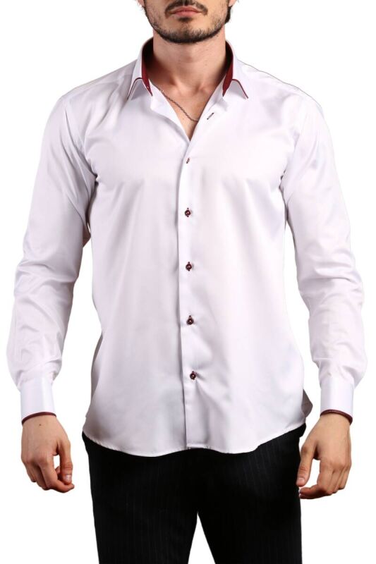 Beyaz Bordo Bieli Yaka Dar Kesim Micro Kumaş Kol Düğmeli Slim Fit Erkek Gömlek - 216-3 - 2