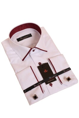 Beyaz Bordo Bieli Yaka Dar Kesim Micro Kumaş Kol Düğmeli Slim Fit Erkek Gömlek - 216-3 - 1