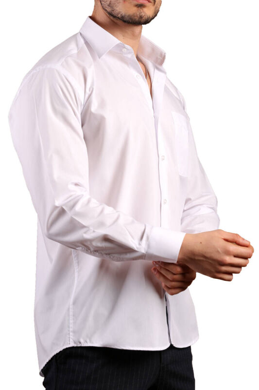 Beyaz Büyük Beden Rahat Kesim Cepli Uzun Kol Regular Fit Erkek Gömlek - 150-1 - 3